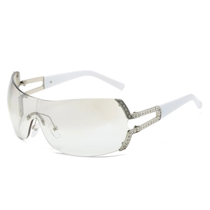 Y2K rimless shield sunglasses with gradient gray lenses and rhinestone side details