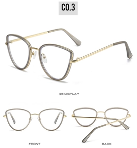 Detailed views of gold cat-eye glasses frame with translucent taupe accents and C0.3 coding