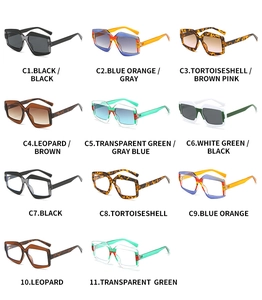Grid layout showing eleven color variants of trendy geometric oversized sunglasses