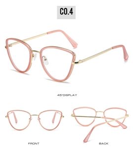 Pink and gold cat eye glasses frames shown from front, back, and 45-degree angle