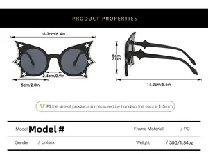 Size chart showing exact dimensions and PC material specs for bat wing sunglasses