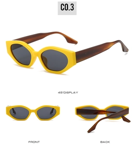 Vues détaillées de lunettes de soleil œil-de-chat jaunes avec branches en écaille