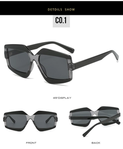 Three-view layout of geometric oversized sunglasses showing front, side, and back views
