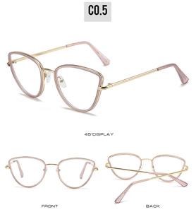 Three-view display of cat-eye glasses frames with rose gold metal and purple accents