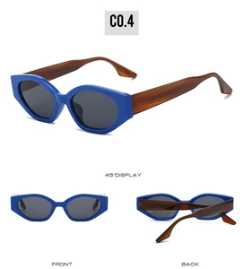 Vues détaillées de lunettes de soleil œil de chat vintage avec monture bleue et branches