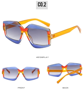 Three-view display of geometric sunglasses with colorful blue and orange frames