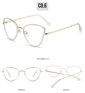 Detailed views of gold cat-eye glasses frame from front, back, and 45-degree angles