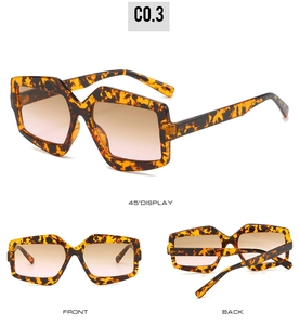 Detailed views of geometric tortoiseshell sunglasses with brown gradient lenses