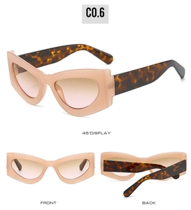 Trois vues de lunettes de soleil œil-de-chat avec monture rose nude et branches écaillées