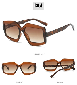 Multi-angle views of oversized geometric leopard print sunglasses with brown gradient lenses