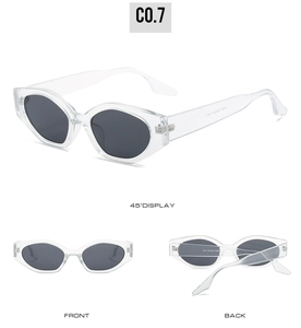 Vue en trois angles de lunettes œil-de-chat avec monture transparente et verres foncés