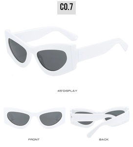 Vue sous trois angles de lunettes de soleil œil-de-chat blanches avec verres noirs et monture
