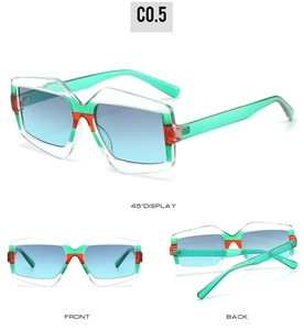 Detailed multi-angle view of geometric oversized sunglasses in tricolor frame design