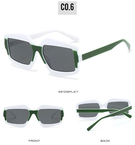 Three-angle view of geometric square sunglasses with white and green contrast frame