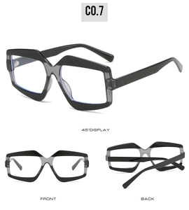 Three perspectives showing geometric grey sunglasses with translucent frames and C0.7 design
