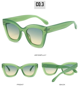 Vues détaillées de lunettes de soleil œil de chat avec monture verte et verres dégradés