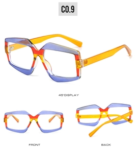 Three-view display of geometric tricolor sunglasses frames in red, purple, and orange