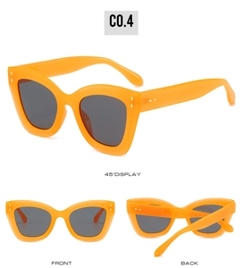 Vue détaillée en trois angles de lunettes de soleil œil de chat orange avec verres foncés