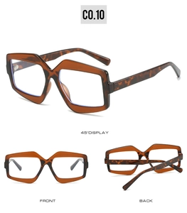 Three views of oversized tortoiseshell geometric sunglasses showing front and side angles
