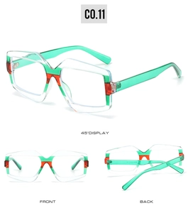 Three-way view of geometric oversized sunglasses frame with green and orange splicing