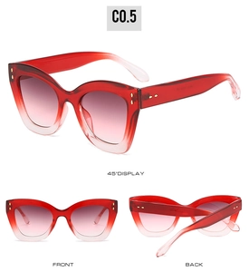 Vue multi-angles de lunettes de soleil œil de chat avec verres dégradés rouges