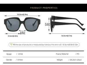 Detaillierte Größentabelle für Unisex-PC-Sonnenbrillen mit Maßen und Modell 6104 Daten