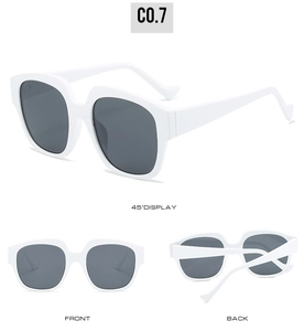 Drei Ansichten der weißen Sonnenbrille mit dicken Rahmen und grauen Gläsern Modell C0.7
