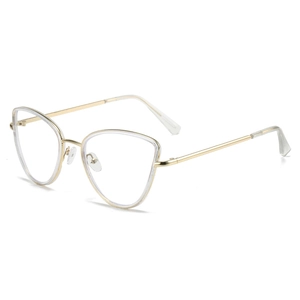Stylish cat-eye glasses with transparent frames and gold metal temples on a white background