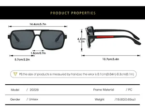 Detailed size guide for polarized men's sunglasses showing dimensions and PC frame specs