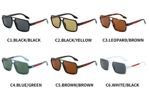 Multiple polarized sunglasses variants C1-C6 with colorful frames and red stripe detail