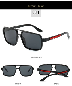 Detail views of polarized square sunglasses with stylish red stripes on black temples