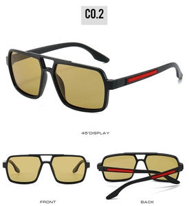 Three-view display of black square frame polarized sunglasses with vintage yellow lenses