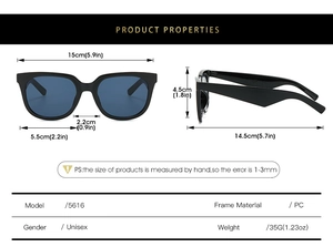 Detailed specs of black square frame unisex sunglasses with blue lenses and PC material