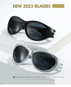Macro view of wrap-around Y2K sports sunglasses on a geometric podium with gray lenses