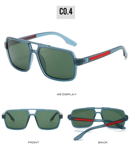 Men's blue transparent polarized sunglasses with red stripe detail and green lenses