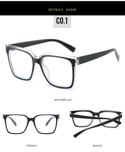 Detail view of square TR frame blue light blocking glasses with black and clear contrast
