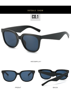 Detailed views of black oversized square sunglasses with dark blue lenses and wide temples