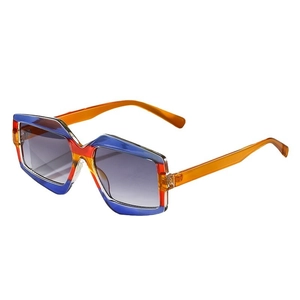 Fashionable geometric chunky sunglasses with bold tricolor contrast frames and grey lenses