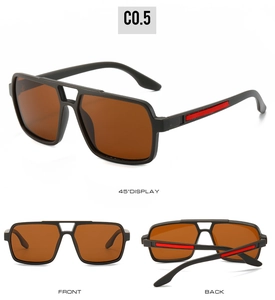 Detailed views of polarized rectangular sunglasses in black frame with brown lenses