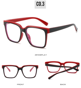 Three-view display of TR anti-blue light glasses in contrasting black and red frames