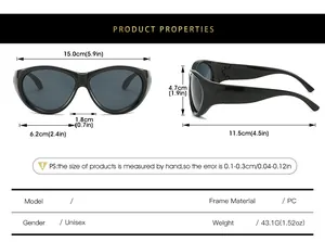 Detailed sizing chart for Y2K sports sunglasses with precise frame and lens measurements