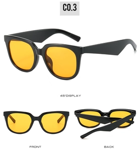 Three-angle views of large square black sunglasses with vibrant yellow lenses