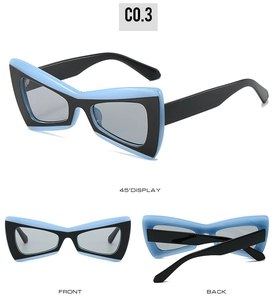 Vue sous trois angles de lunettes de soleil papillon bleues et noires avec verres gris