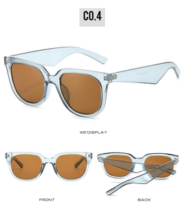 Detailed multi-angle view of oversized light blue sunglasses with brown lenses