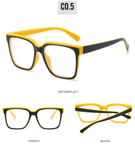 Detailed multi-angle view of black and yellow contrast square TR anti-blue light glasses