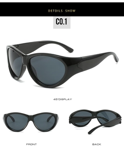 Detailed multi-angle views of black Y2K oversized sports sunglasses and frame structure