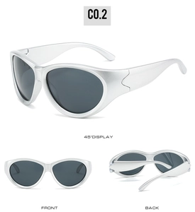 Detailed views of silver Y2K sports sunglasses with dark lenses from multiple angles