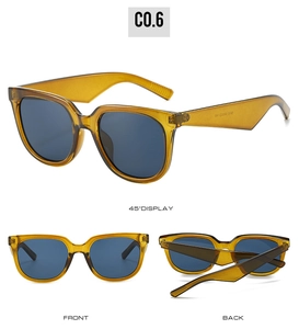 Detailed multi-angle views of oversized amber frames and blue lenses with non-slip temple tips