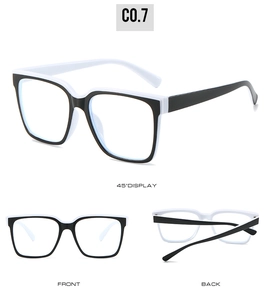 Three-way view of square black and white color-block TR90 anti-blue light glasses frames