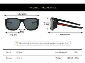 Size chart showing frame dimensions and PC material specs for polarized sport sunglasses
